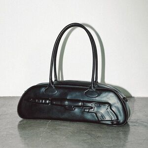 Faux Leather Imprint Handbag, Black